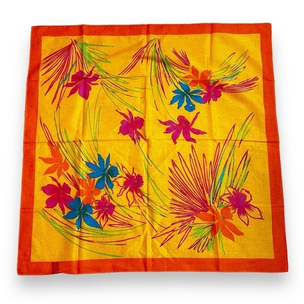 Vintage Specialty House Square Scarf Colorful Floral Orange 100% Cotton Japan